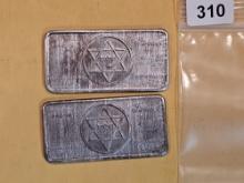 Two 1 Troy ounce .999 fine silver art bars