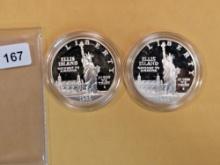 Two Proof Deep Cameo Commemorative Silver Dollars