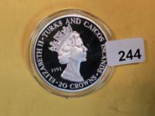 GEM Proof Deep Cameo 1994 Turks & Caicos silver 20 crowns