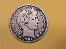 * Semi-key 1901-O Barber Half Dollar in Fine plus