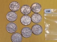 Ten Mixed Silver Walking Liberty Half Dollars