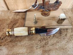 Fixed Blade Bone Handle Knife With Moose Sculpture