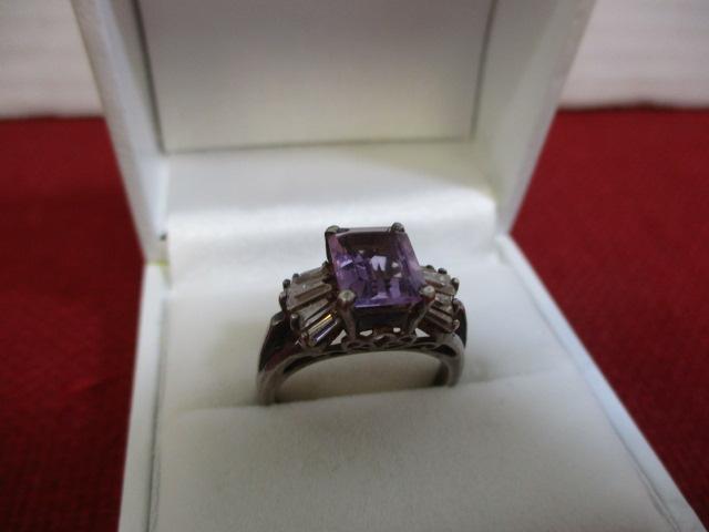 Sterling Silver Ladies' Estate Ring-Amethyst w/ Diamond Baguettes