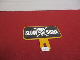 Porcelain License Plate Topper-Slow Down w/ Skull & Cross Bones