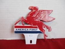 Mobil Oil "America First" Tin License Plate Topper-C