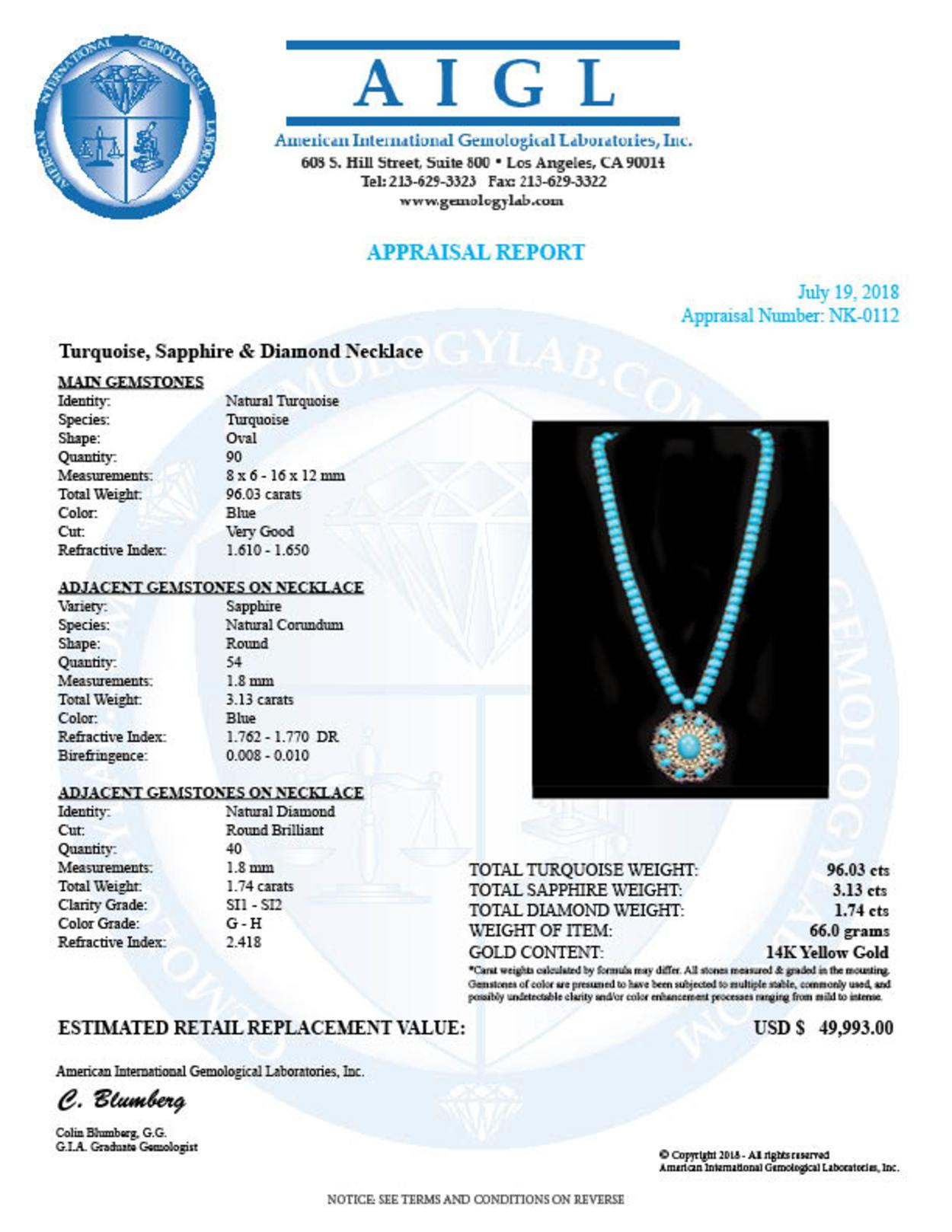 96.03ct Turquoise, 3.13ct Sapphire 1.78ct Diamond Necklace