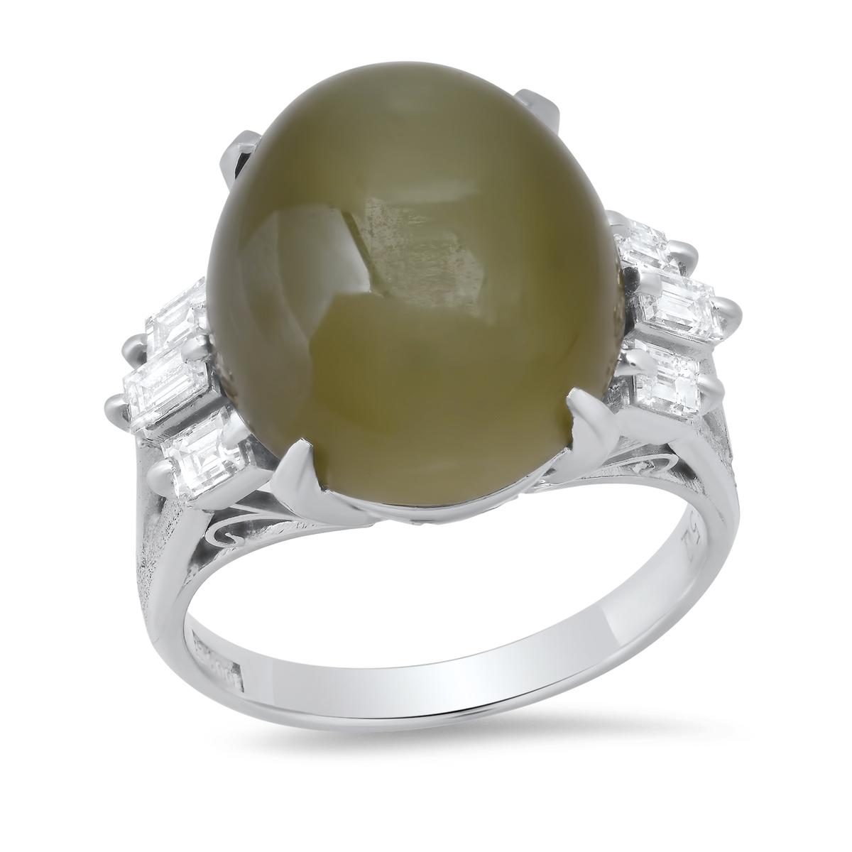 Platinum Setting with 14.0ct Cats Eye Chrysoberyl and 0.51ct Diamond Ladies Ring