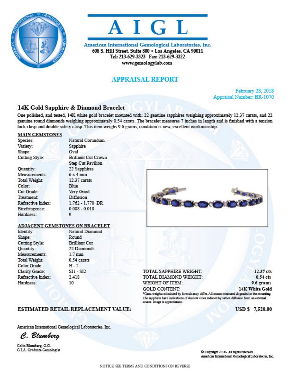 14k White Gold 12.37ct Sapphire 0.54ct Diamond Bracelet