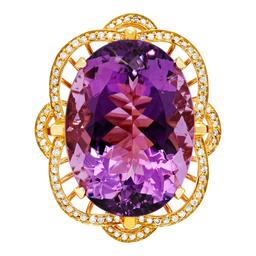 14k Yellow Gold 52.16ct Amethyst 1.09ct Diamond Ring