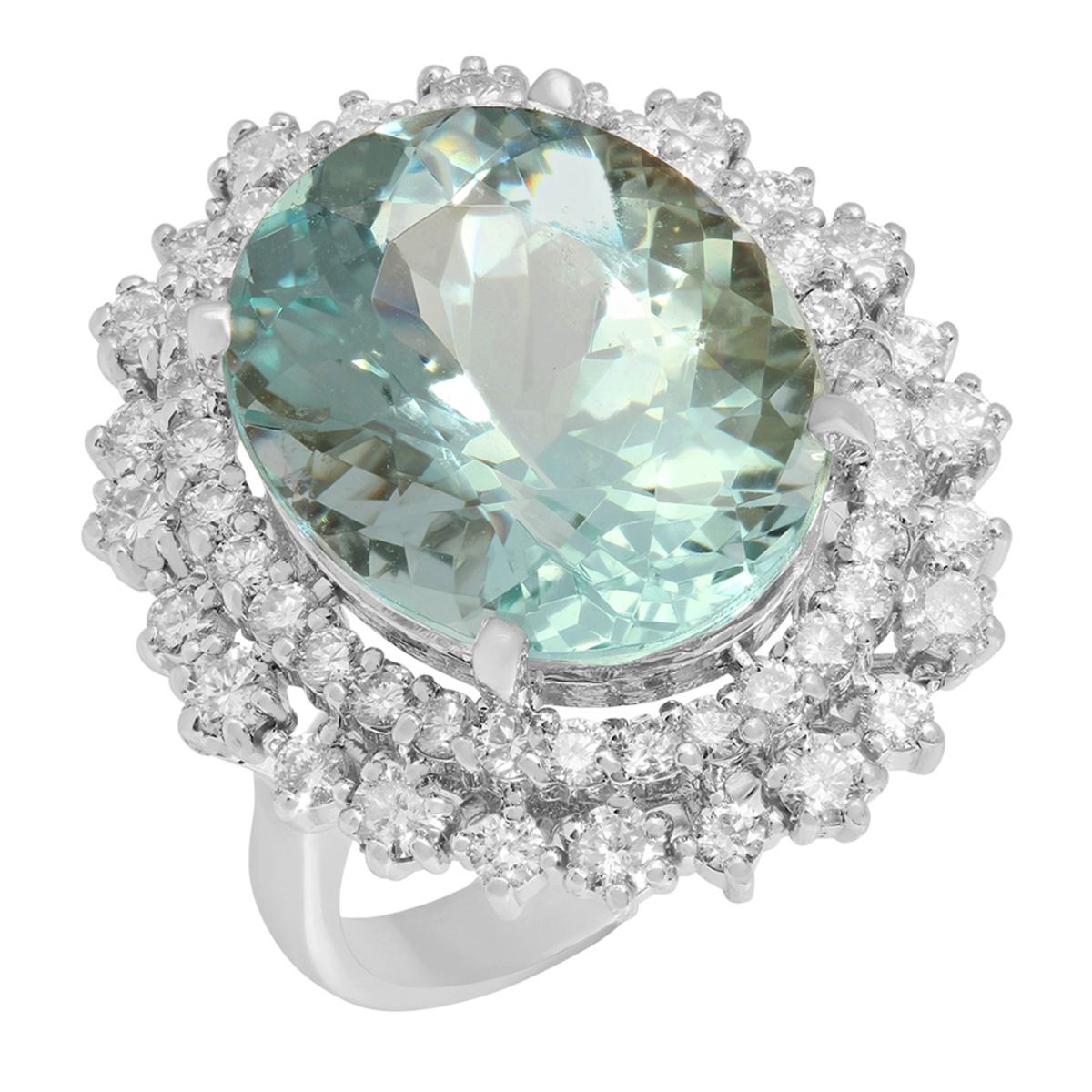 14k White Gold 12.21ct Aquamarine 1.78ct Diamond Ring