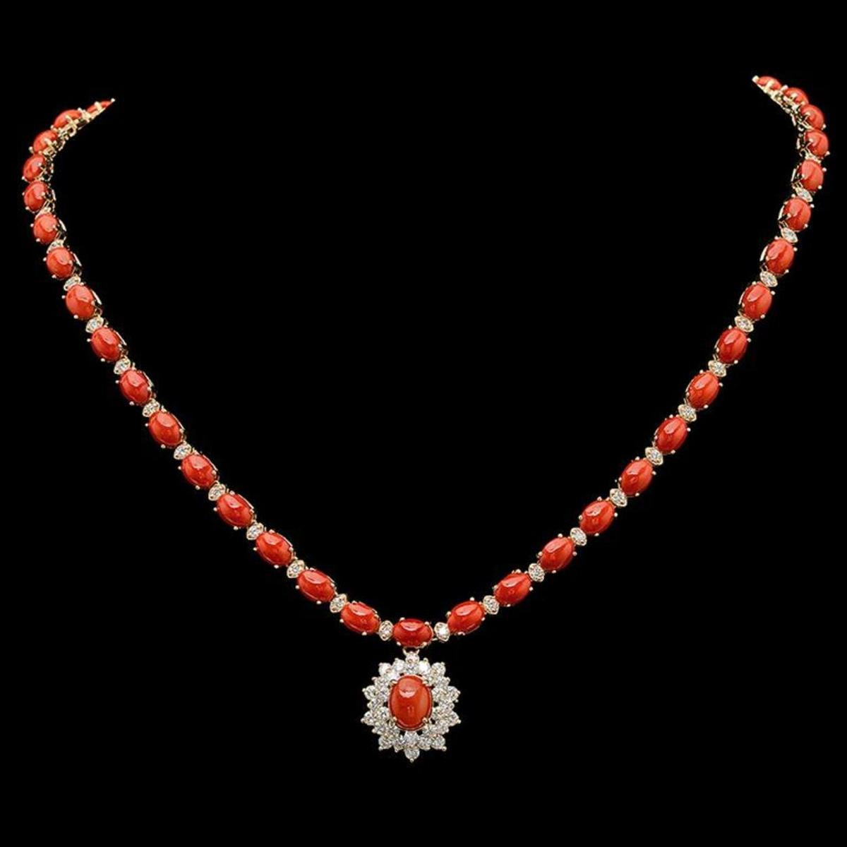 14K Gold 31.07ct Coral & 2.79ct Diamond Necklace