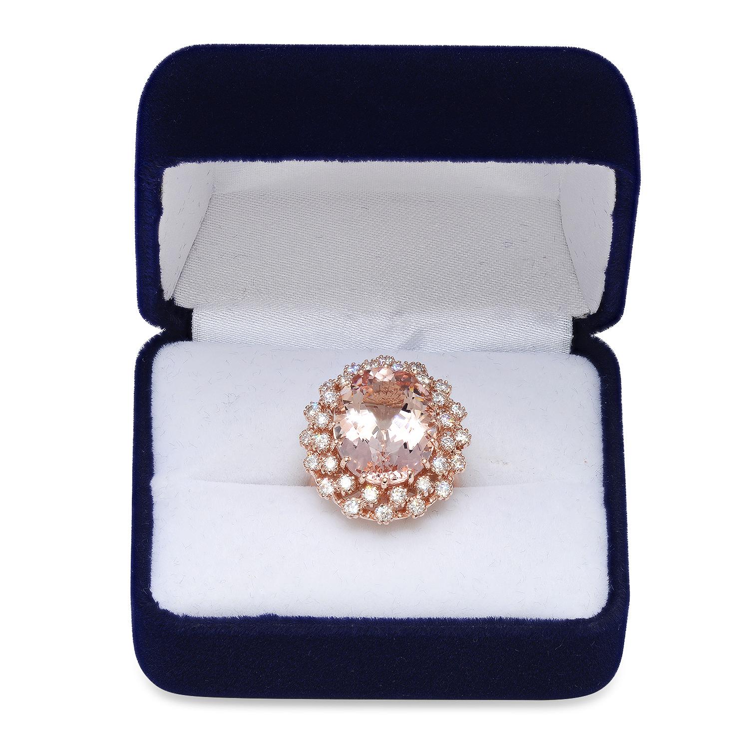 14K Rose Gold with 12.91ct Morganite and 1.39ct Diamond Ladies Ring