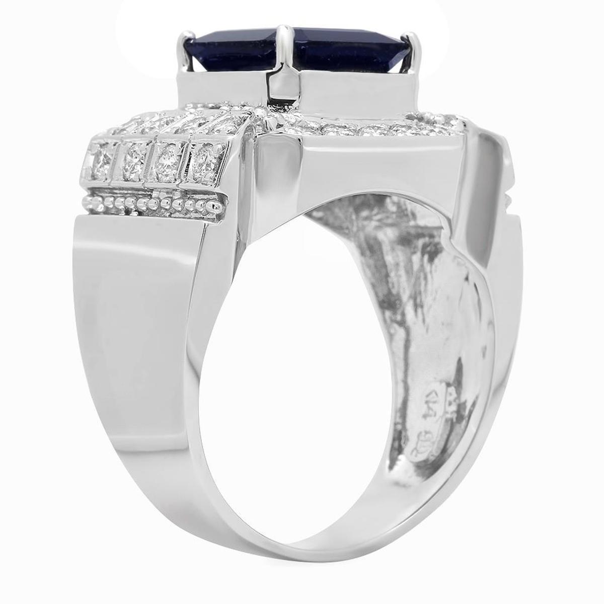 14K White Gold 5.75ct Sapphire and 1.01ct Diamond Mens Ring