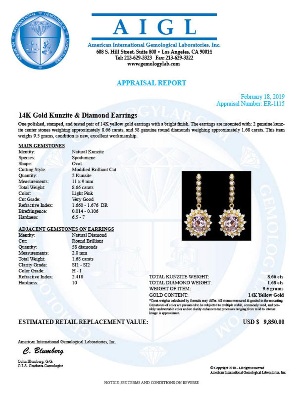 14K Yellow Gold 8.66ct Kunzite and 1.68ct Diamond Earrings