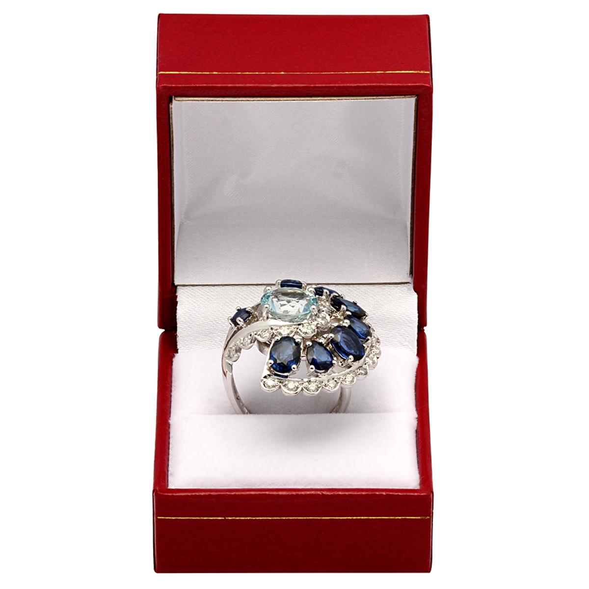 14k White Gold 2.45ct Aquamarine 5.69ct Sapphire 0.82ct Diamond Ring