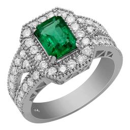 14k White Gold 1.20ct Emerald 1.18ct Diamond Ring