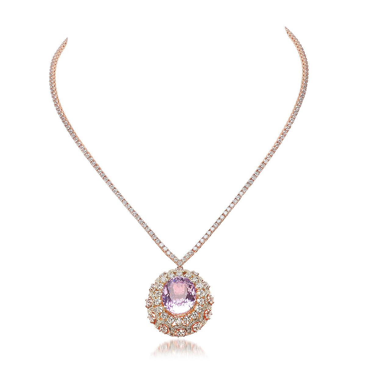 14K Rose Gold 16.85ct Kunzite and 11.20ct Diamond Necklace