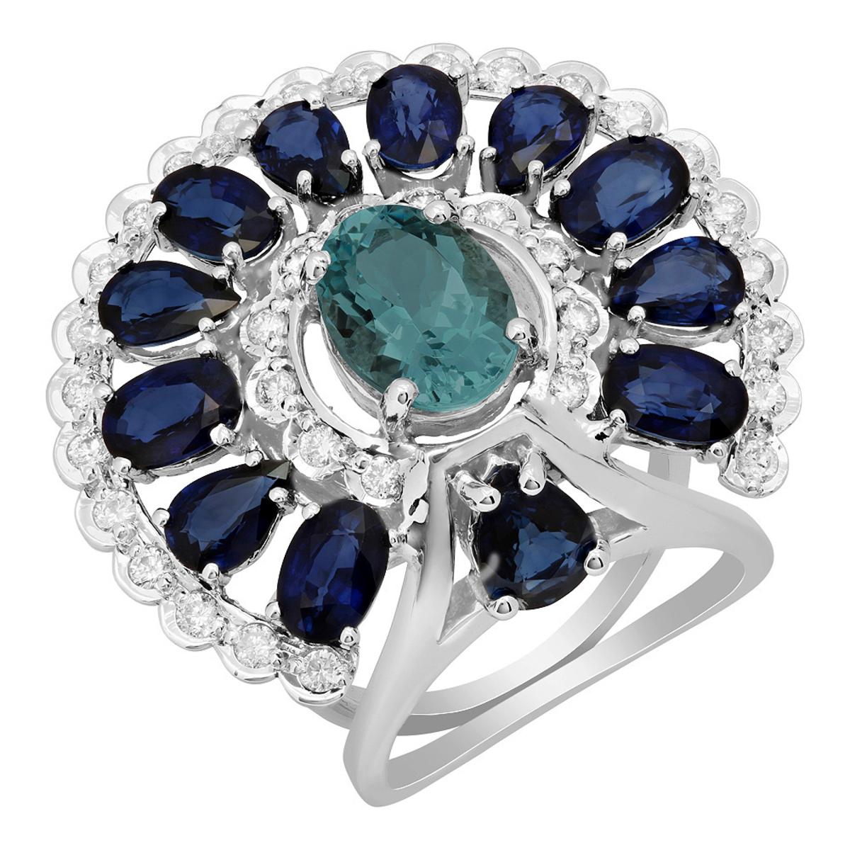 14k White Gold 2.04ct Aquamarine 6.56ct Sapphire 0.97ct Diamond Ring