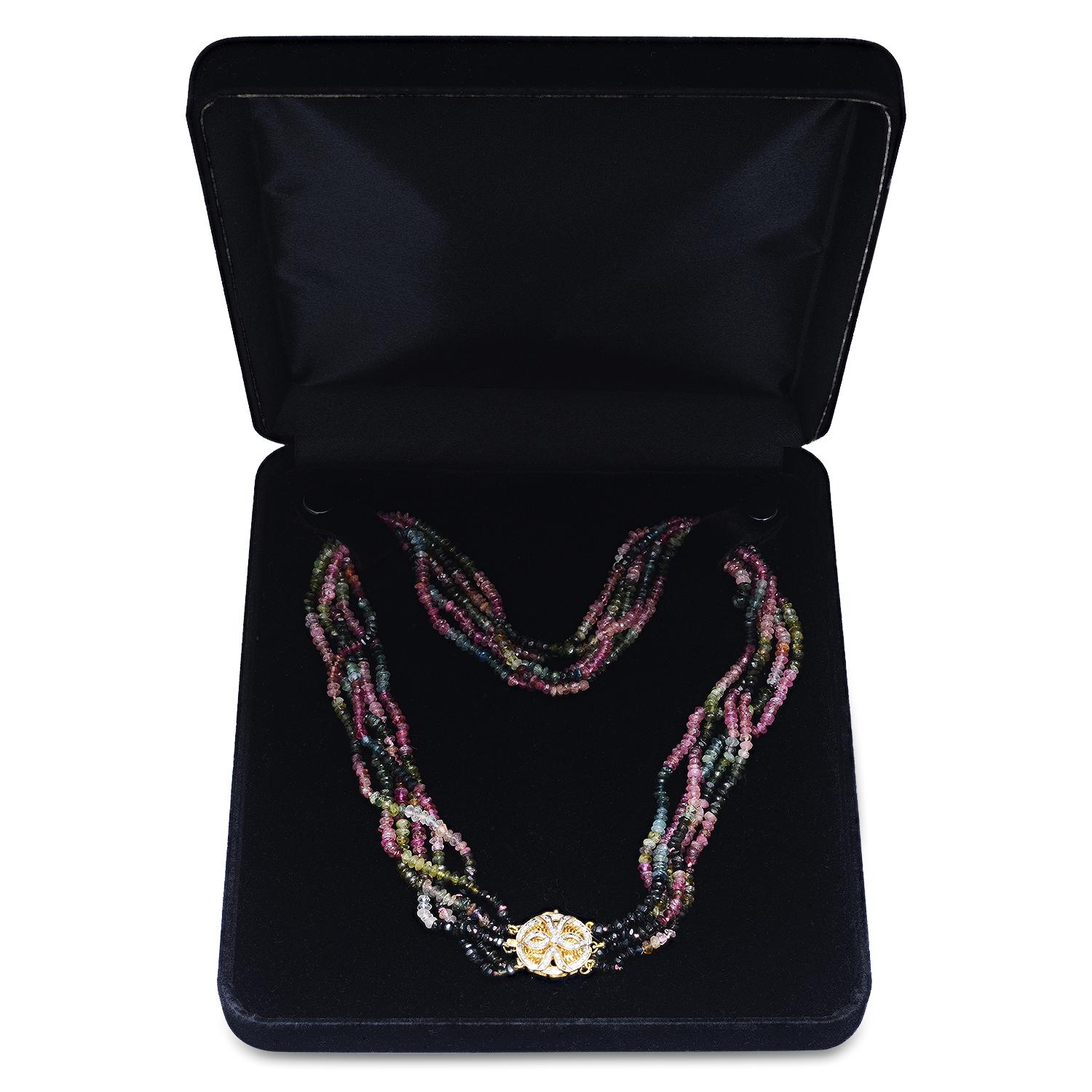 Multi Color Tourmaline Strands Necklace on 14K Yellow Gold Diamond Clasp