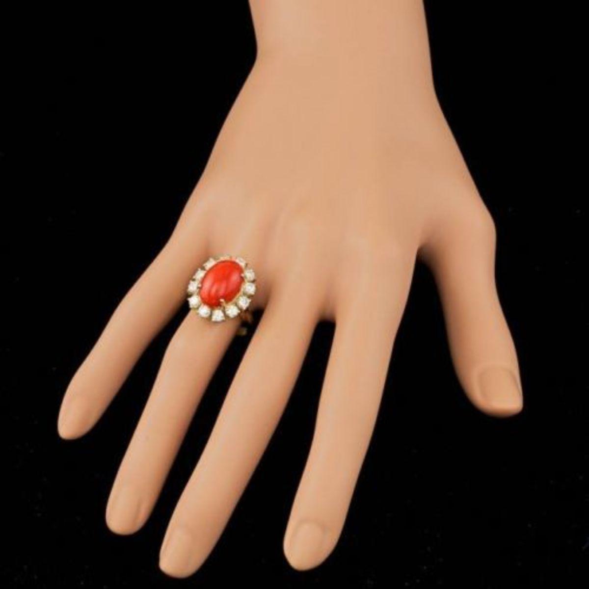 14K Yellow Gold 5.78ct Coral and 1.58ct Diamond Ring