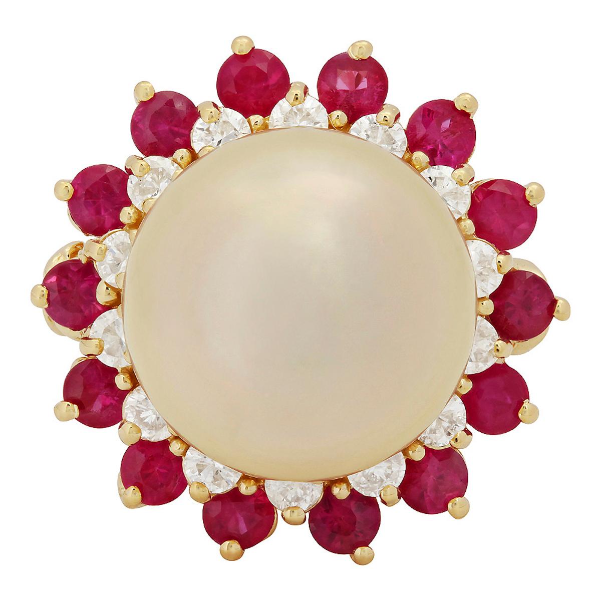 14k Yellow Gold 14mm Pearl 1.42ct Ruby 0.68ct Diamond Ring