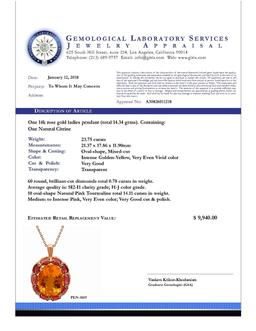 14k Rose Gold 23.75ct Citrine 14.11ct Pink Tourmaline 0.78ct Diamond Pendant