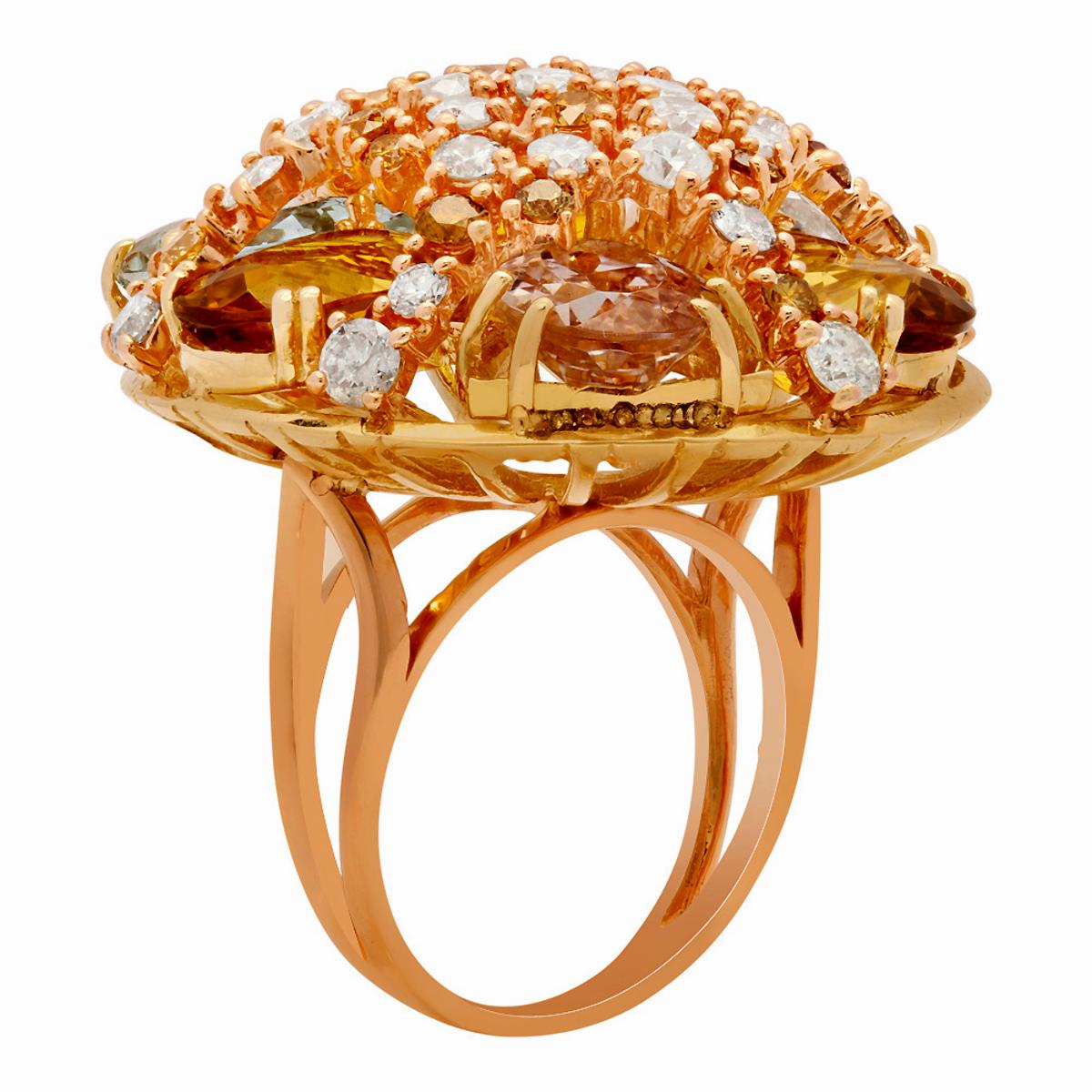 14k Yellow & Rose Gold 16.55ct Aquamarine, Morganite & Yellow Beryl 3.55ct Diamond Ring