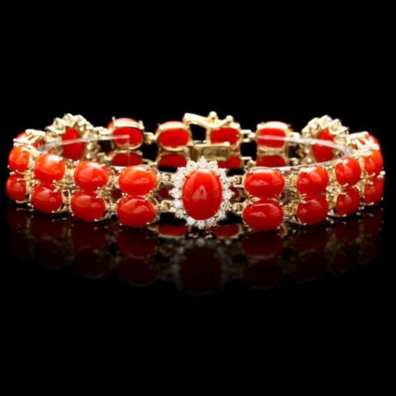 14K Gold 34.82ct Coral 1.69ct Diamond Bracelet