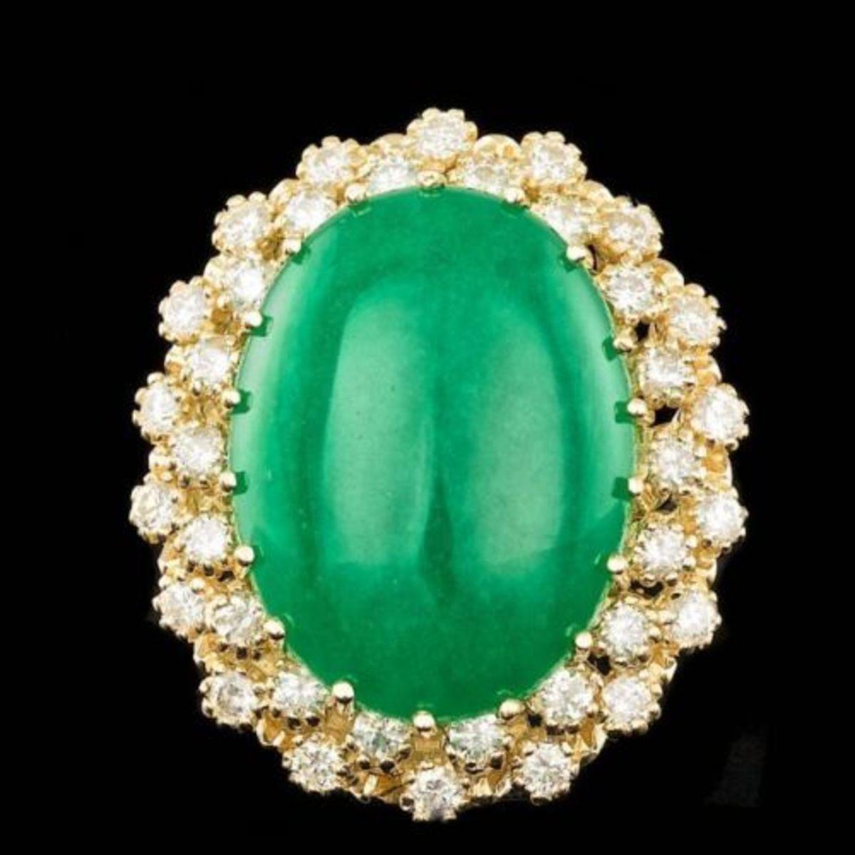 14K Yellow Gold 13.47ct Jadeite and 1.28ct Diamond Ring