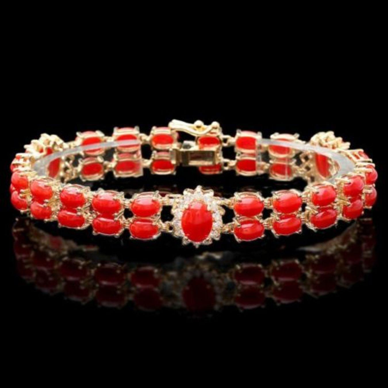 14K Gold 16.81ct Coral 1.14ct Diamond Bracelet