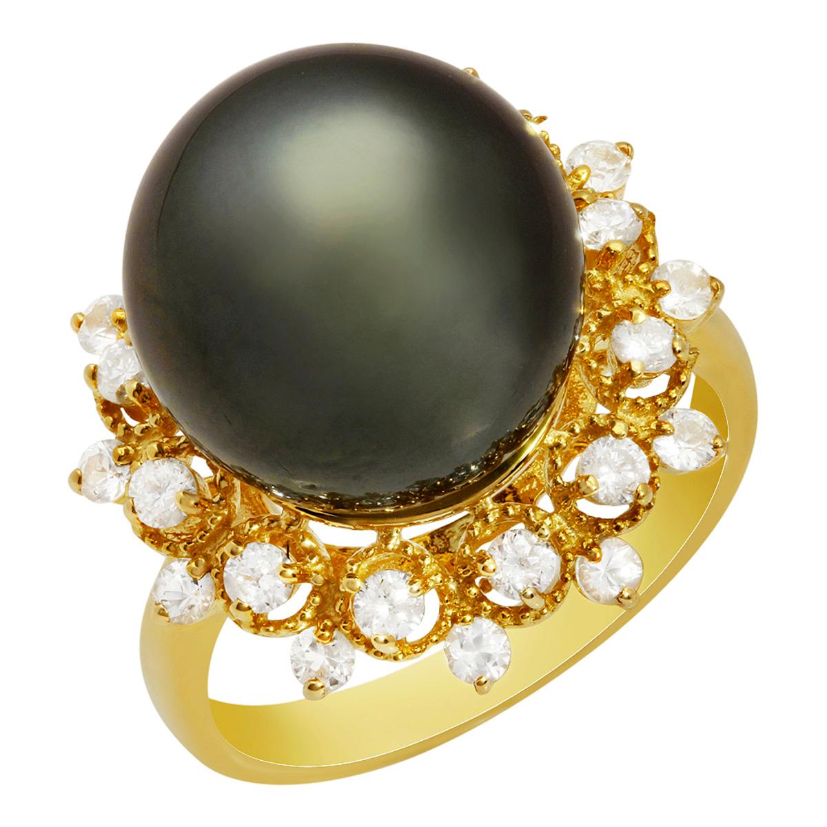 14k Yellow Gold 13mm Pearl 0.41ct Sapphire 0.40ct Diamond Ring