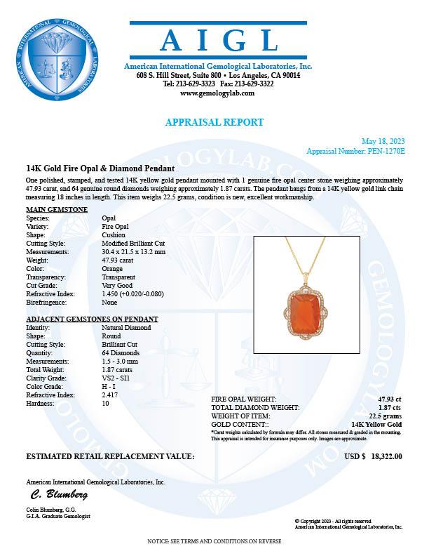 14K Yellow Gold Setting with 47.93ct Fire Opal and 1.87ct Diamond Pendant