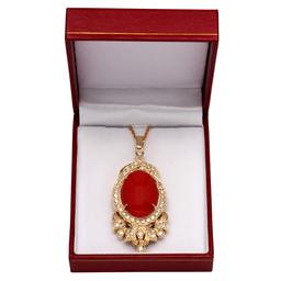 14k Yellow Gold 18.50ct Coral 1.79ct Diamond Pendant