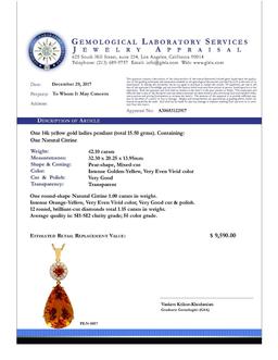 14k Yellow Gold 42.10ct & 1.00ct Citrine 1.15ct Diamond Pendant