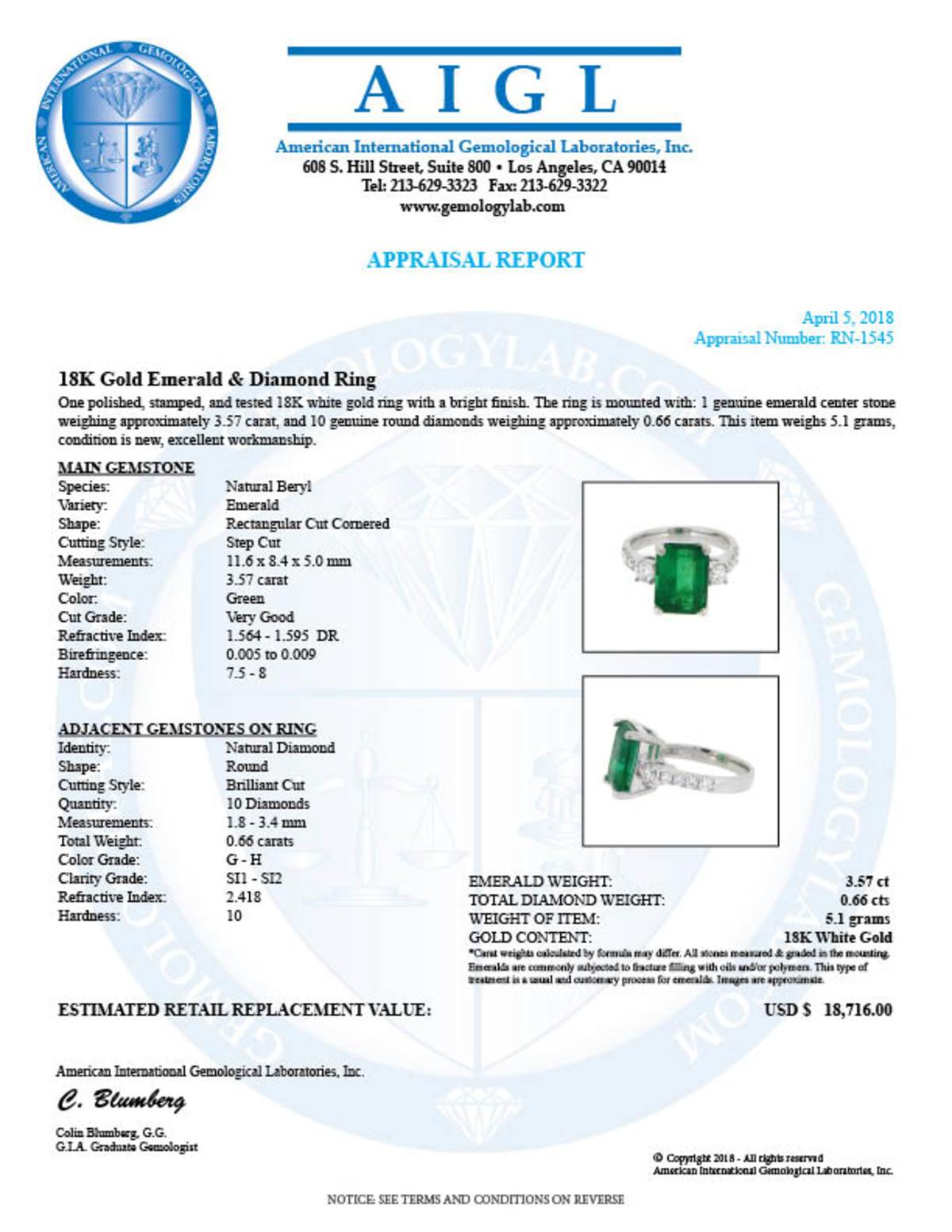 18k White Gold 3.57ct Emerald 0.66ct Diamond Ring