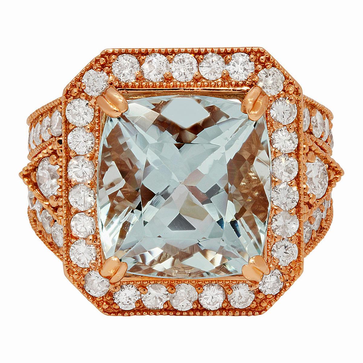 14k Rose Gold 9.48ct Aquamarine 2.10ct Diamond Ring