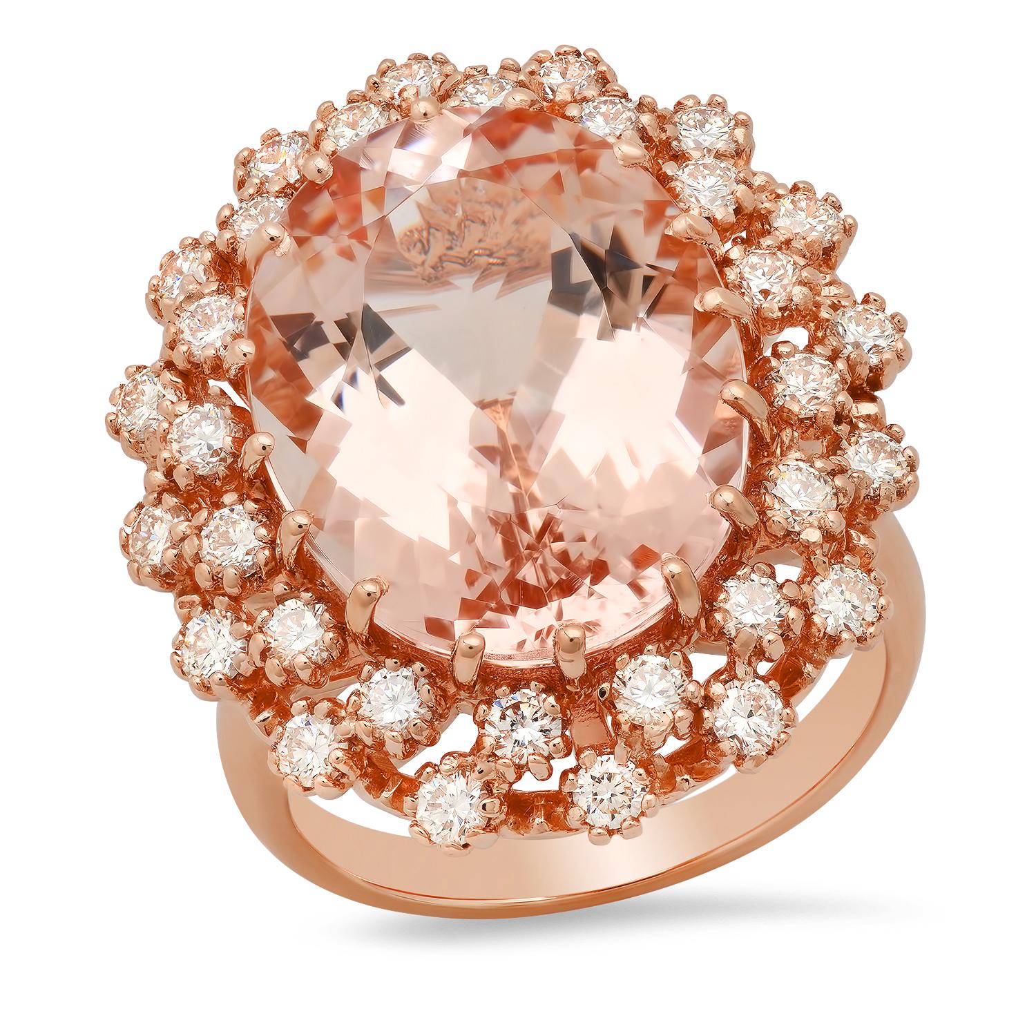 14K Rose Gold with 12.91ct Morganite and 1.39ct Diamond Ladies Ring