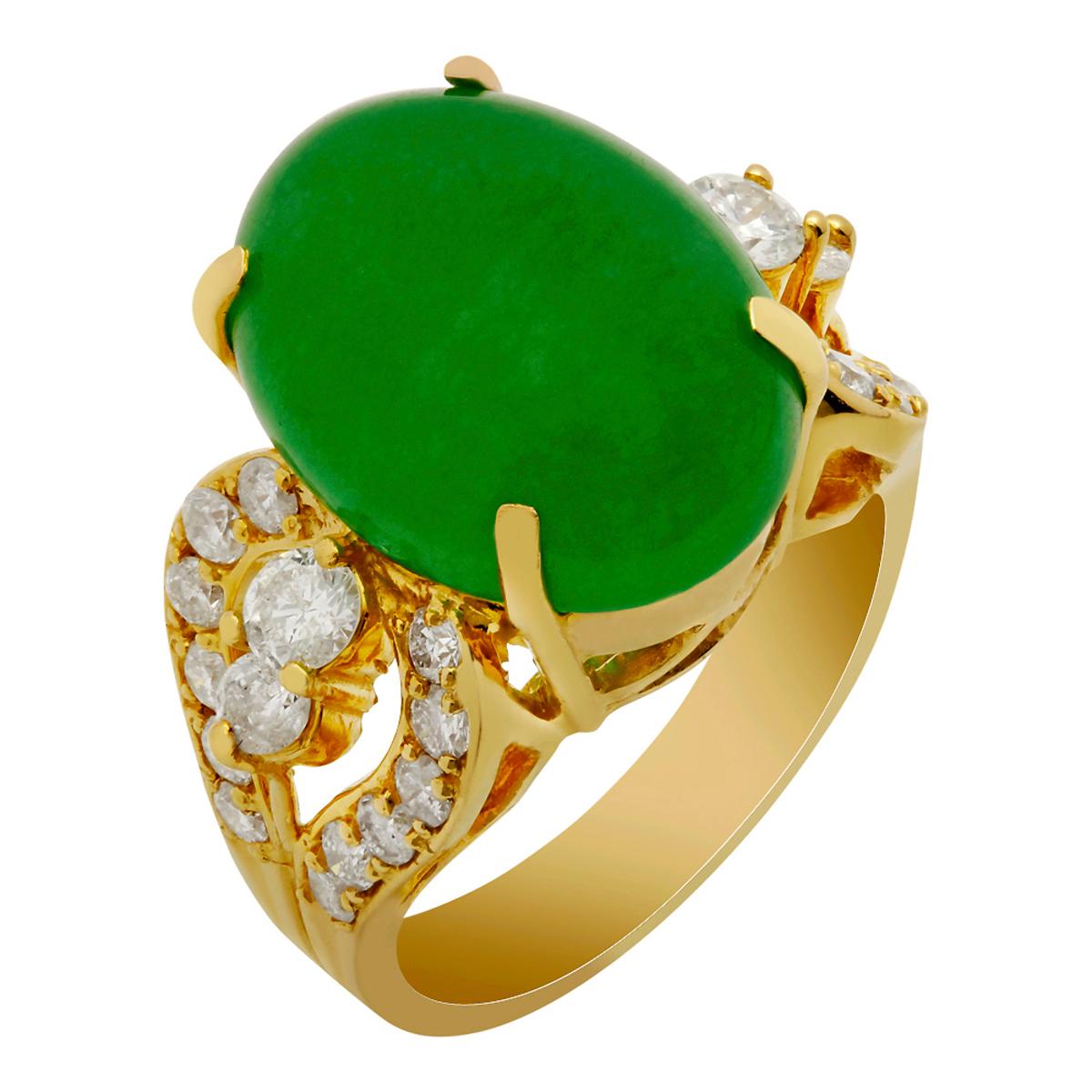 14k Yellow Gold 9.41ct Jade 1.27ct Diamond Ring