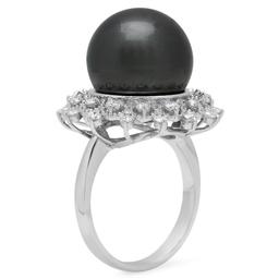14K White Gold 14mm Black Tahitian Pearl and 0.78ct Diamond Ring