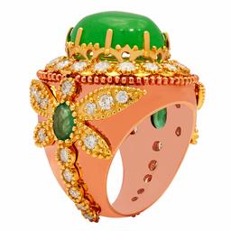 14k Yellow & Rose Gold 8.97ct Jade 1.00ct Emerald 2.34ct Diamond Ring