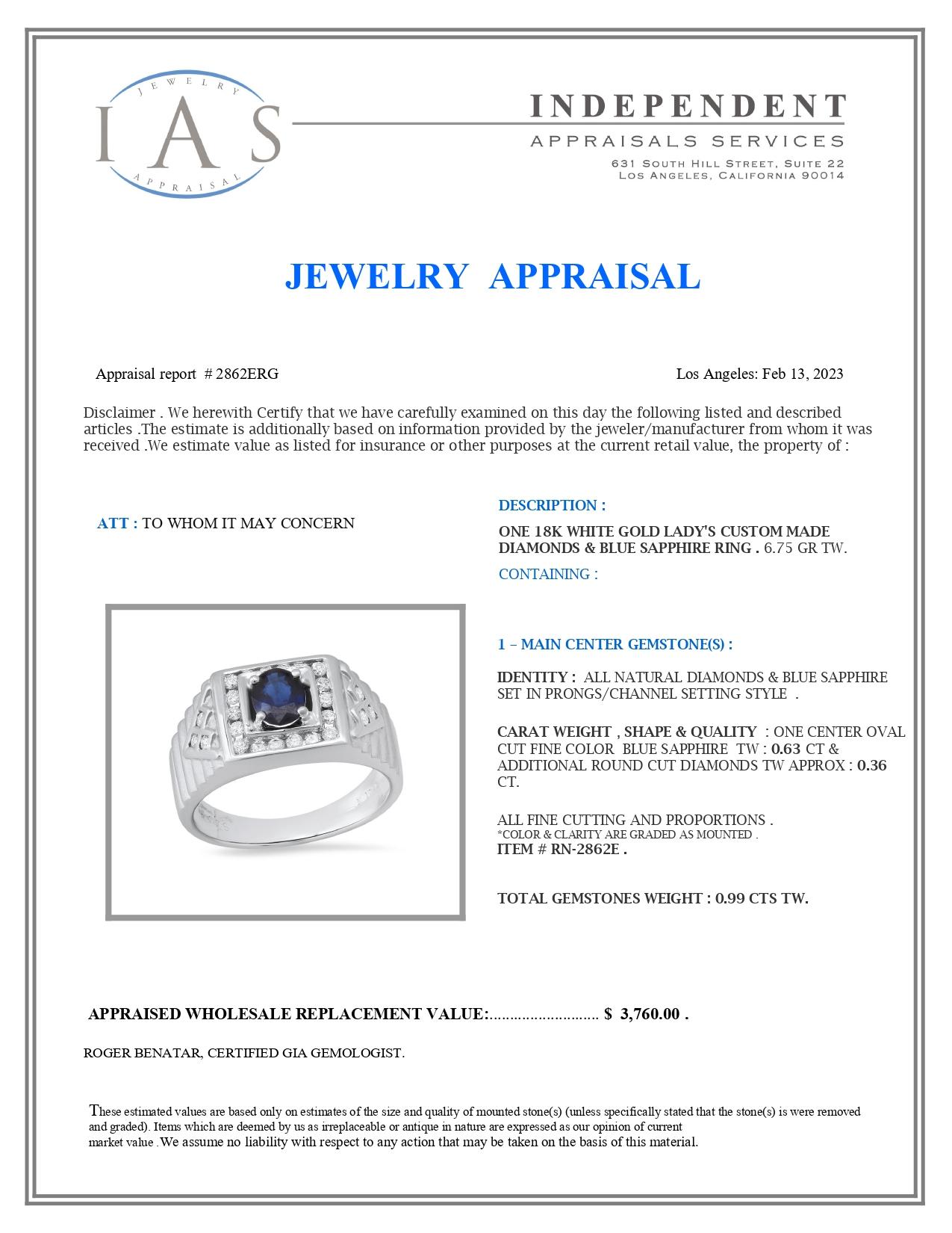 18K White Gold Setting with 0.63ct Sapphire and 0.36ct Diamond Ladies Ring