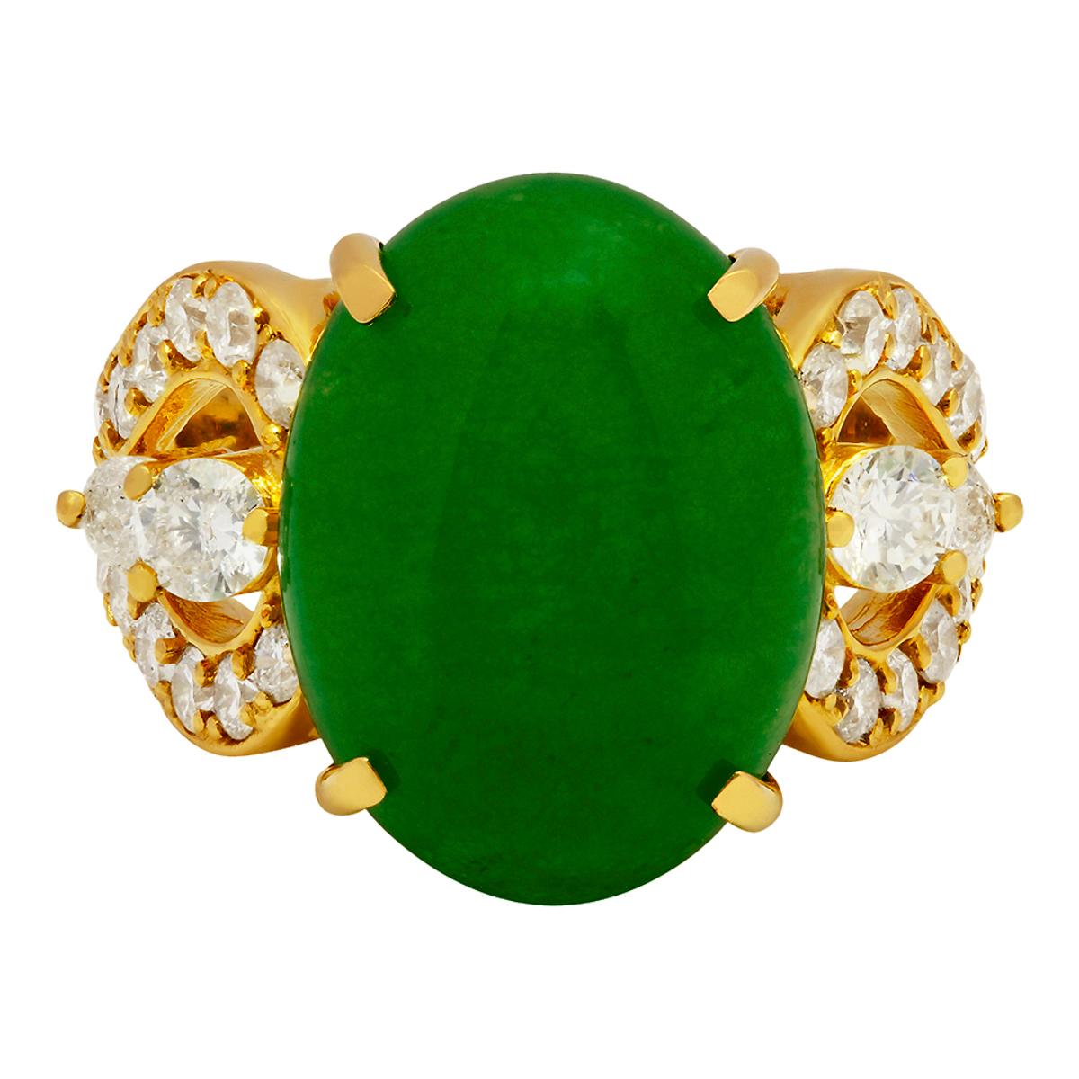 14k Yellow Gold 9.41ct Jade 1.27ct Diamond Ring