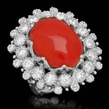 14K White Gold 12.92ct Coral and 2.50ct Diamond Ring