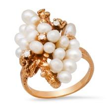 10K Yellow Gold Setting with Mixed White Pearls and 0.10ct Diamond Ladies Ring