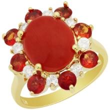 14k Yellow Gold 2.15ct Coral 1.42ct Orange Sapphire 0.35ct Diamond Ring