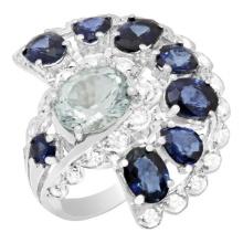 14k White Gold 2.45ct Aquamarine 5.69ct Sapphire 0.82ct Diamond Ring