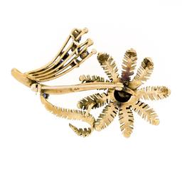 Vintage 14k Yellow Gold 1.20 ctw Sapphire & Pearl Detailed Flower Leaf Pin Brooc