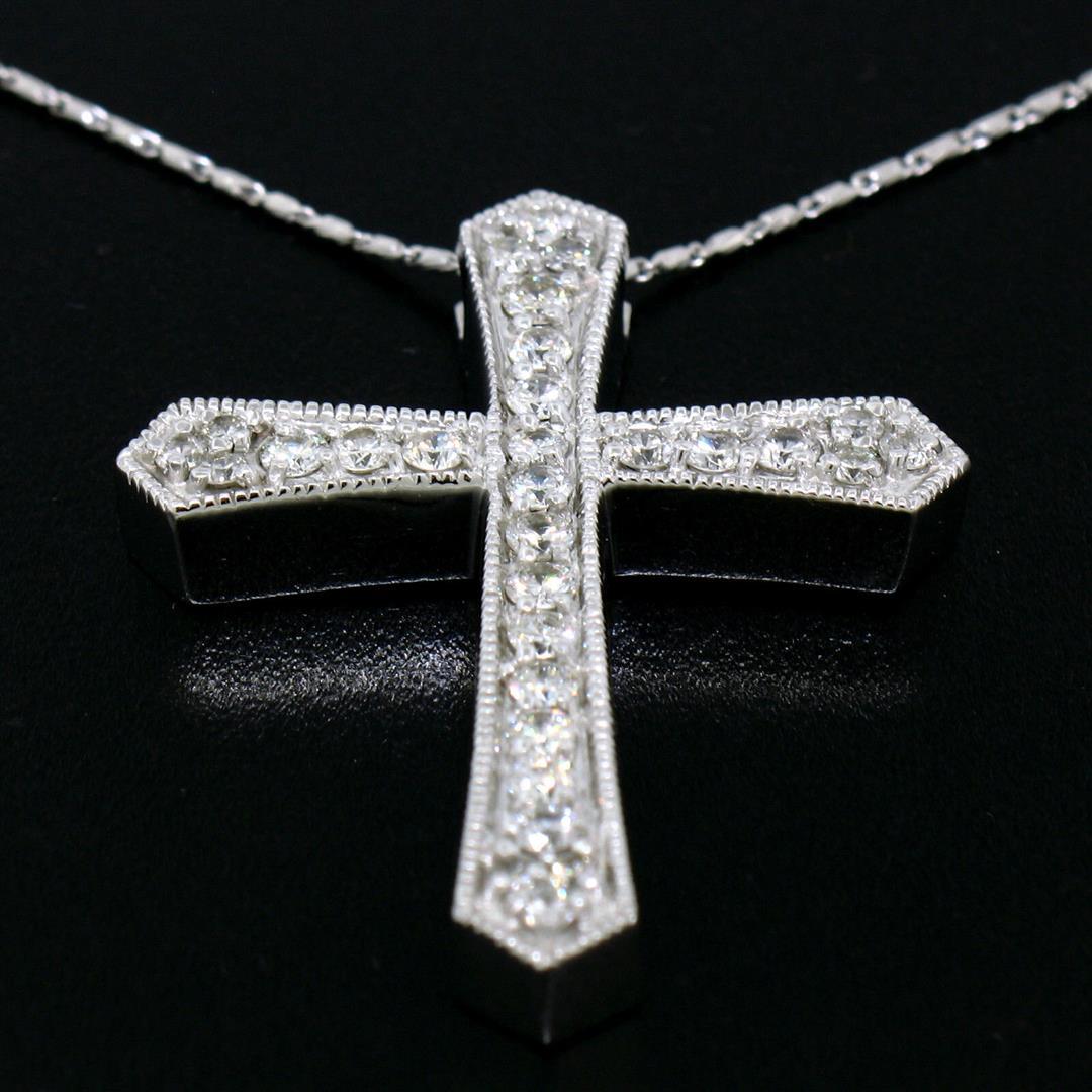 Large 14k White Gold 1.18 ctw Round Diamond Cross Pendant w/ 18" Fancy Link Chai