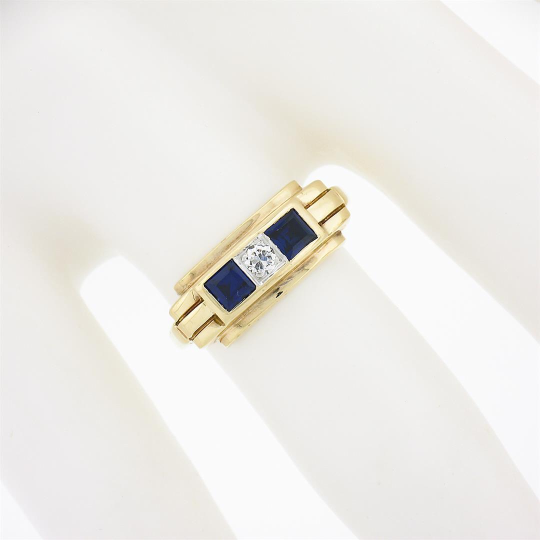 Retro Vintage 14K Gold Square Channel Blue Stone.06 ctw Diamond 3 Stone Band Rin