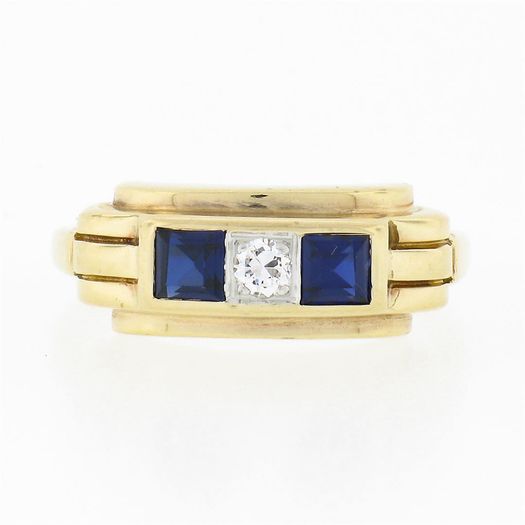 Retro Vintage 14K Gold Square Channel Blue Stone.06 ctw Diamond 3 Stone Band Rin